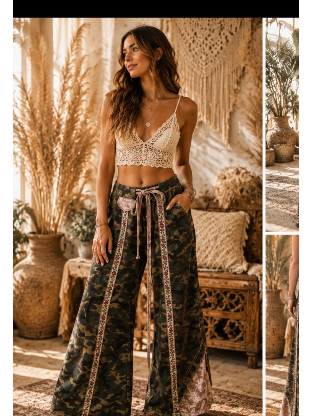 🆕 POL OLIVE CAMO TAPESTRY FLORAL WIDE LEG PANTS NWOT